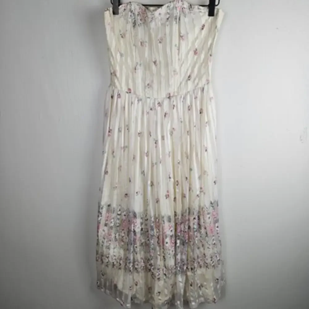 Vintage 50s Strapless Fit & Flare Chiffon Stripe Midi Dress S? 4? Ivory Pink - Picture 4 of 12